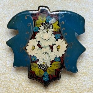 VINTAGE HANDMADE ARTISAN Brooch Earthy Painted Teal  Floral Wood
